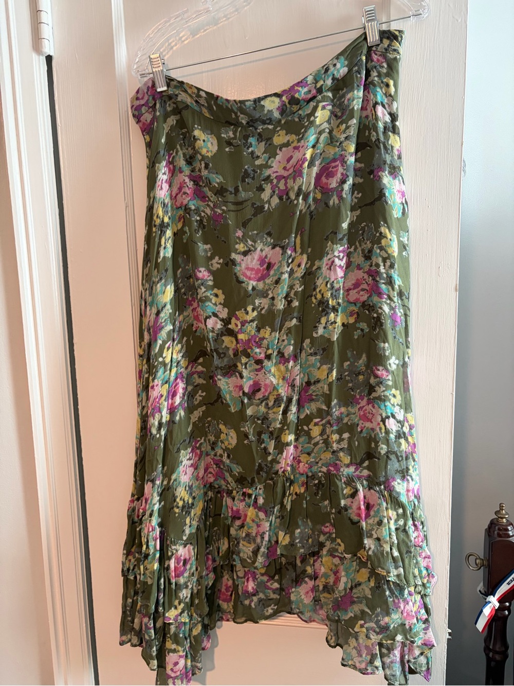 Sundance Olive Green Floral Midi Skirt with Pink Blooms